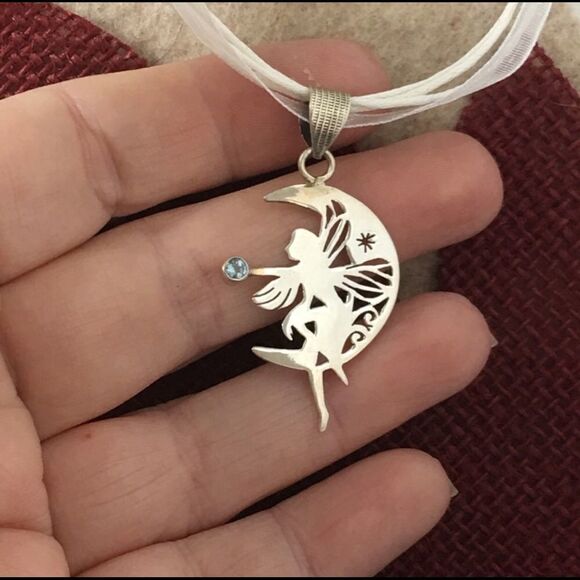 Moon Fairy Solid Sterling Silver & Turquoise Pendant Necklace - Picture 1 of 4